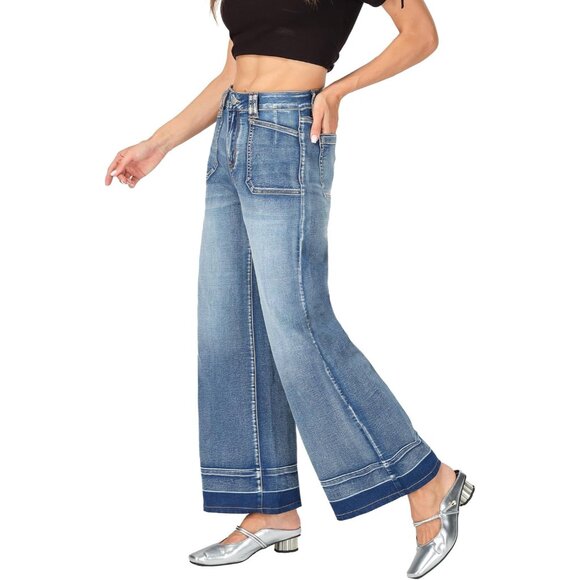Women’s Wide Leg Jeans High Waisted Stretchy Casual Baggy Denim Pants - Picture 2 of 7